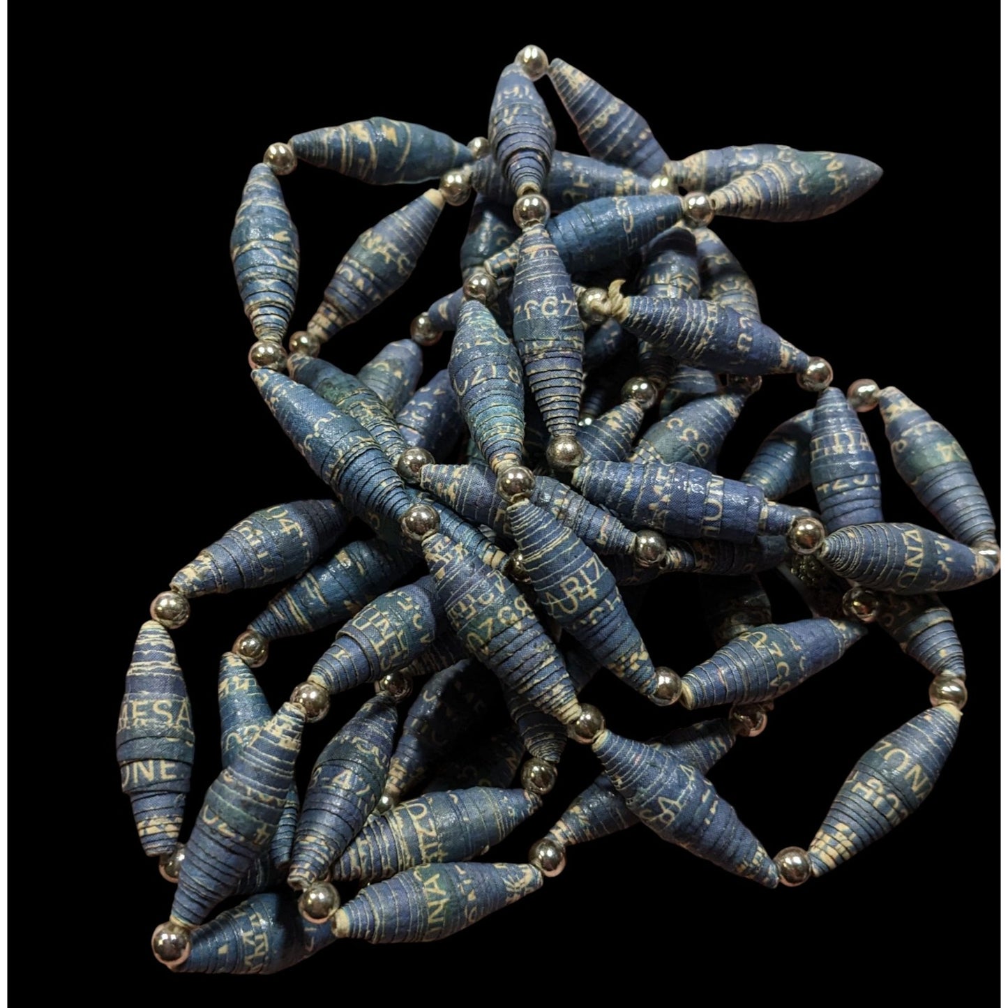 Vintage Blue Wrapped Paper Beaded Necklace With Silver Tone Accents