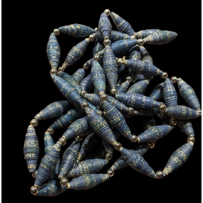 Vintage Blue Wrapped Paper Beaded Necklace With Silver Tone Accents