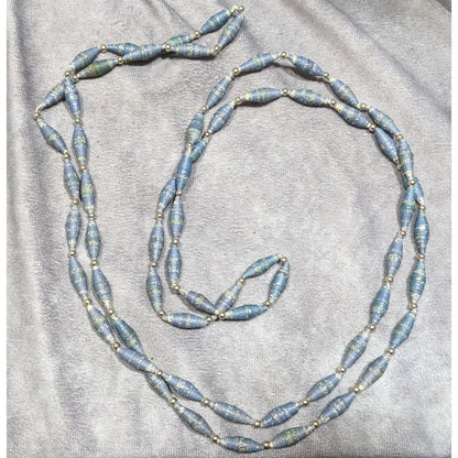 Vintage Blue Wrapped Paper Beaded Necklace With Silver Tone Accents