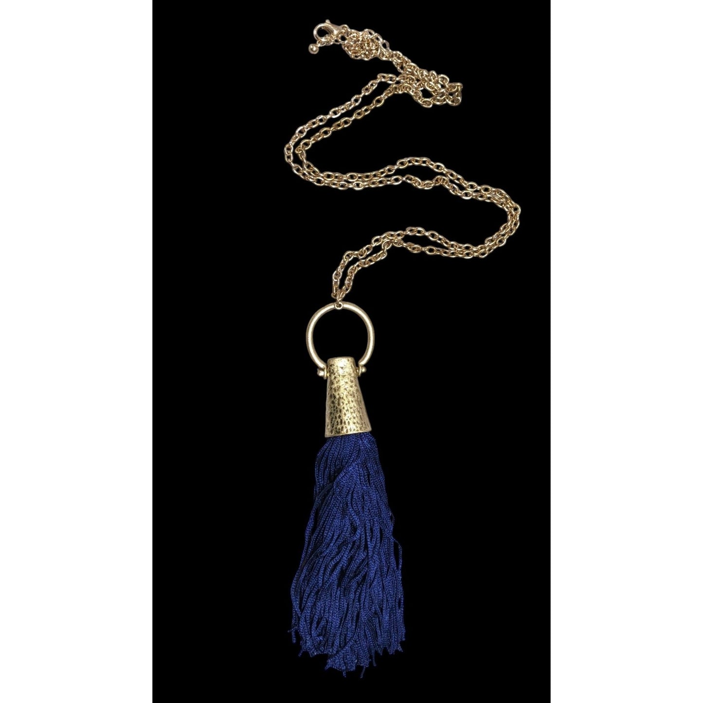 Hammered Gold Tone Tassel Pendant Necklace With Blue Tassel
