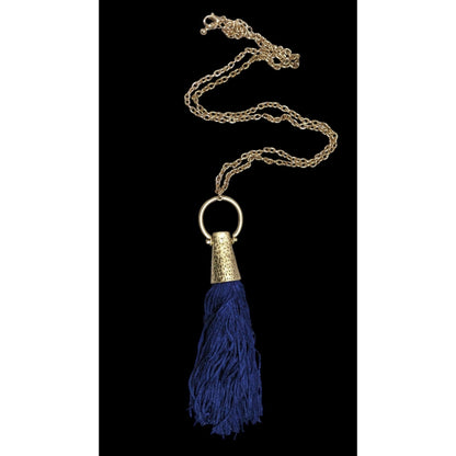 Hammered Gold Tone Tassel Pendant Necklace With Blue Tassel