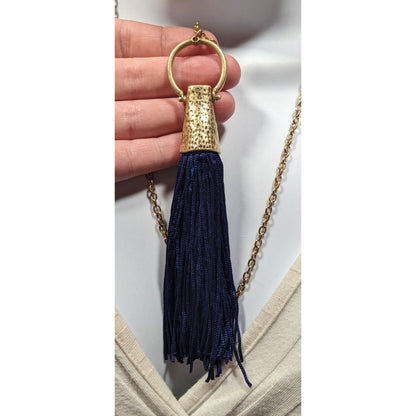 Hammered Gold Tone Tassel Pendant Necklace With Blue Tassel