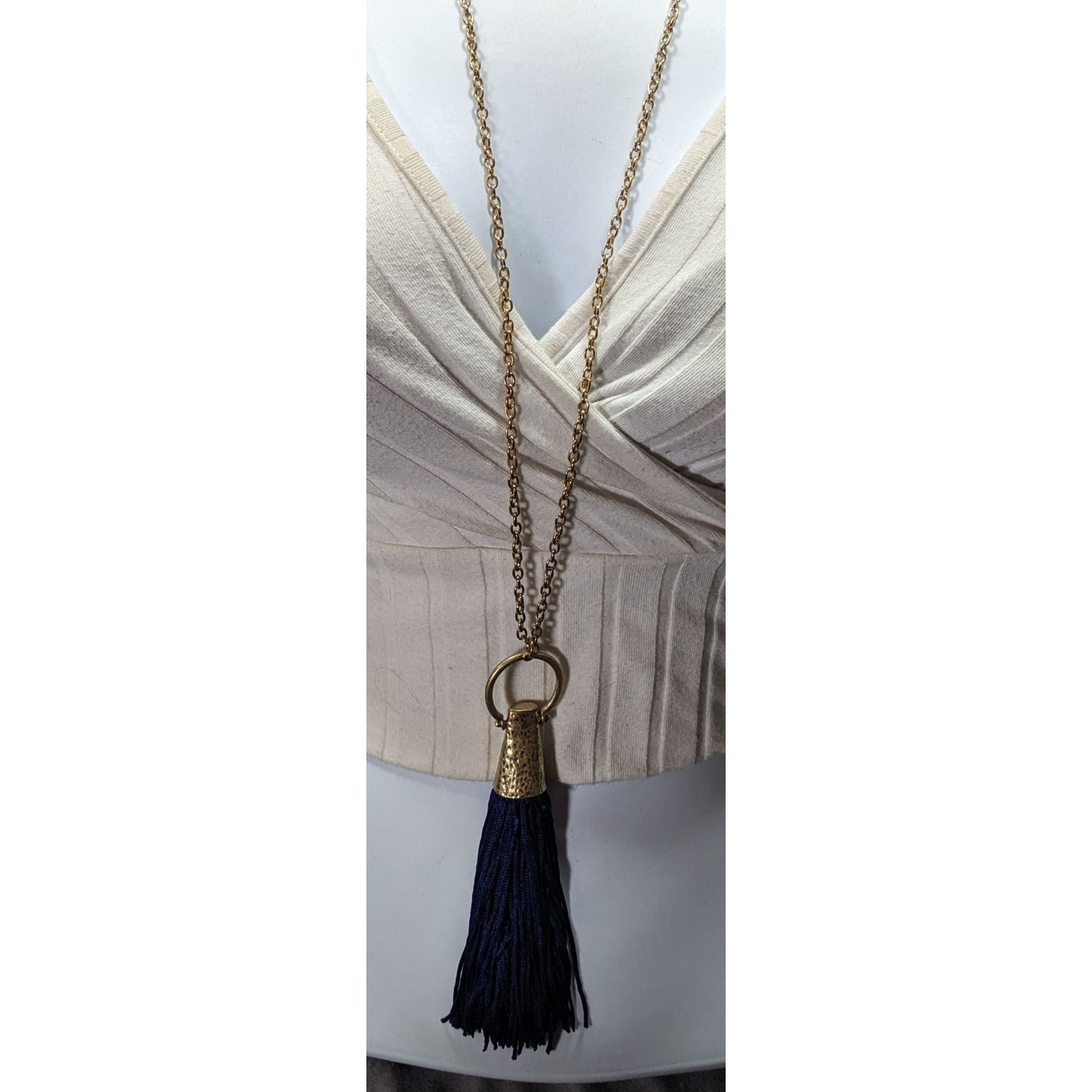 Hammered Gold Tone Tassel Pendant Necklace With Blue Tassel