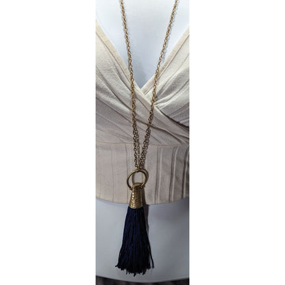 Hammered Gold Tone Tassel Pendant Necklace With Blue Tassel