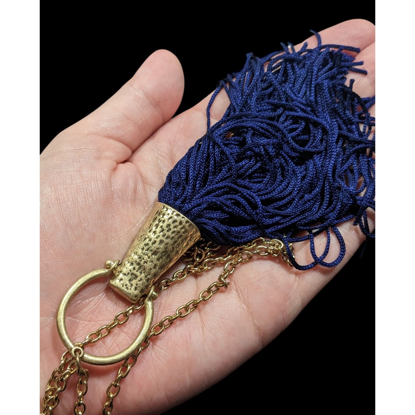 Hammered Gold Tone Tassel Pendant Necklace With Blue Tassel