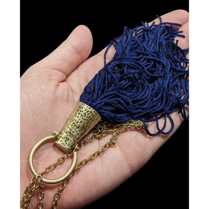 Hammered Gold Tone Tassel Pendant Necklace With Blue Tassel