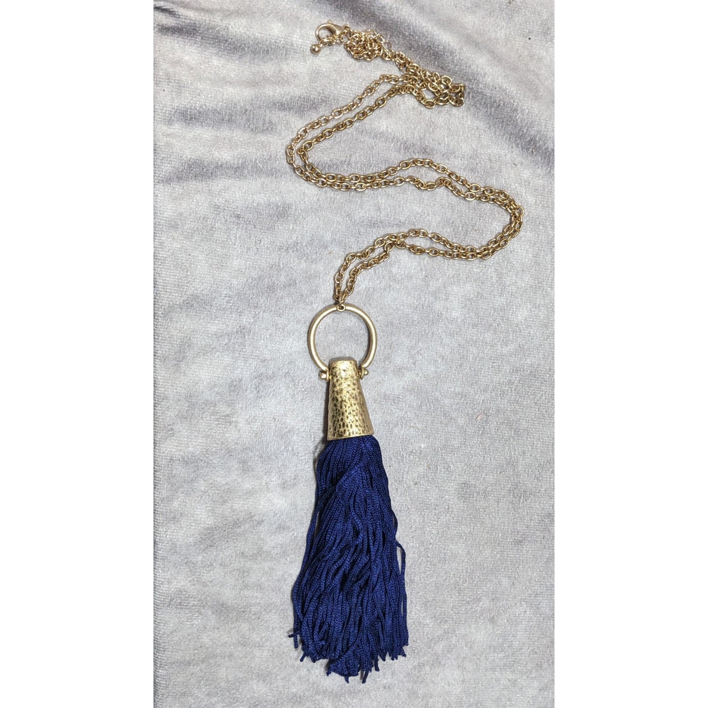 Hammered Gold Tone Tassel Pendant Necklace With Blue Tassel