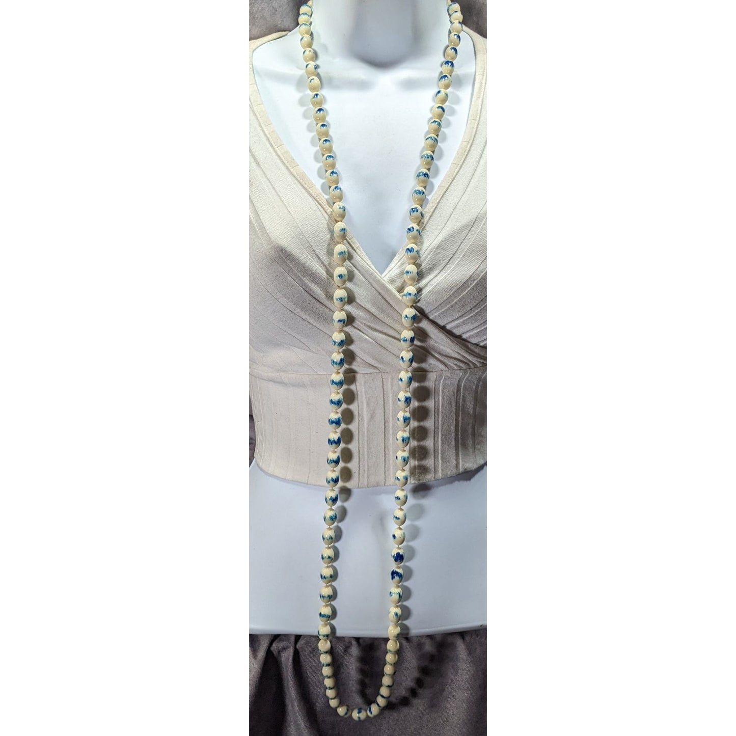 Vintage Hand Painted Acrylic Blue And White Beaded Necklace