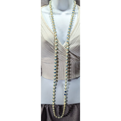 Vintage Hand Painted Acrylic Blue And White Beaded Necklace