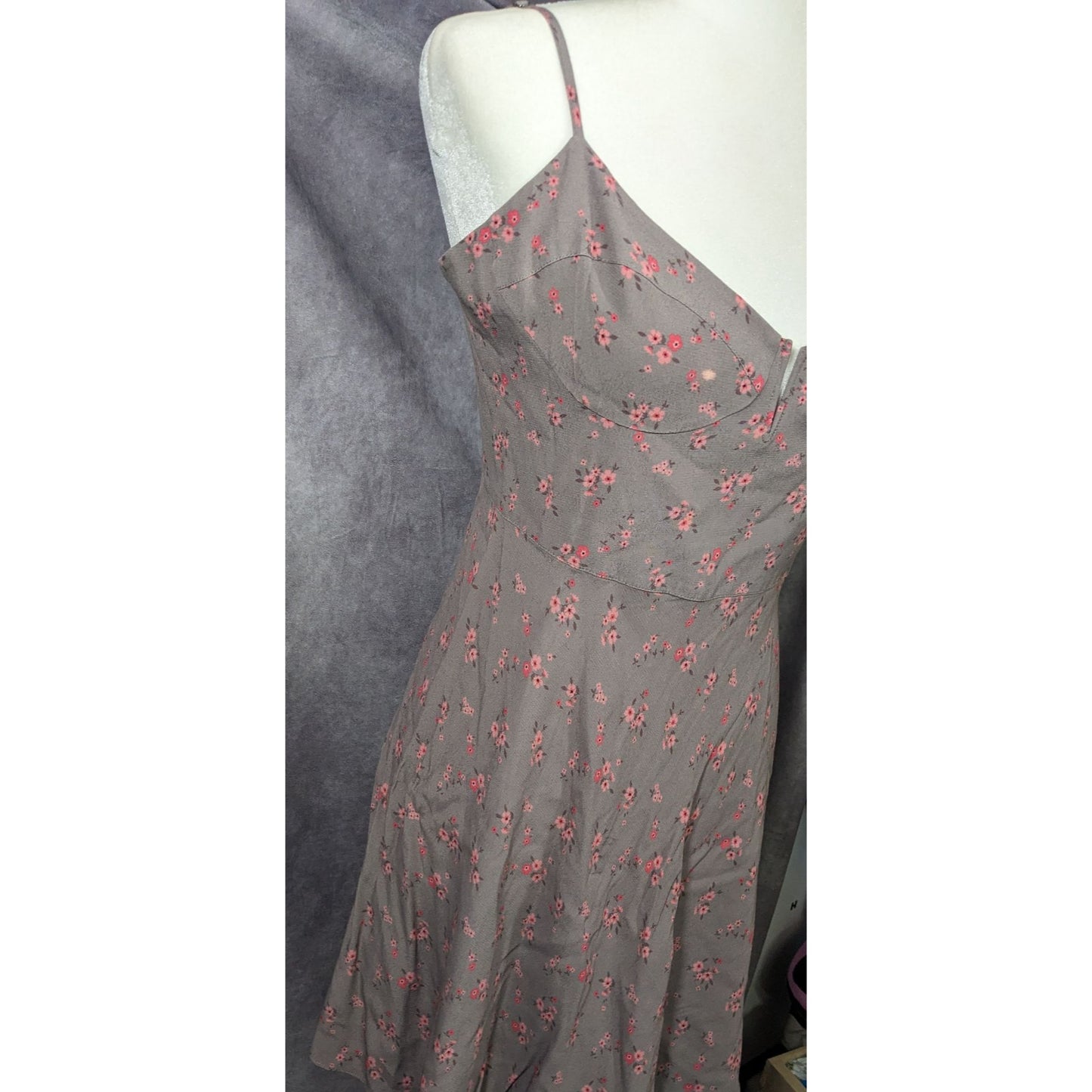 Blue Life Coquette Grey And Pink Floral Retro Summer Dress Size Medium