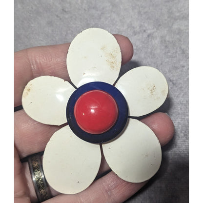 Vintage Red White And Blue Floral Metal Brooch