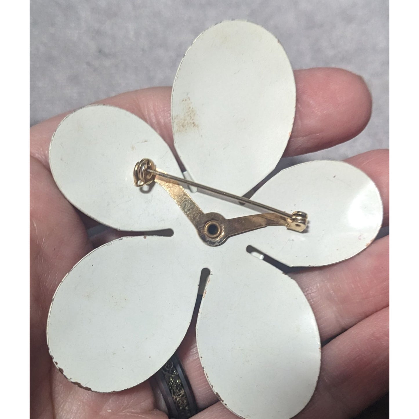 Vintage Red White And Blue Floral Metal Brooch