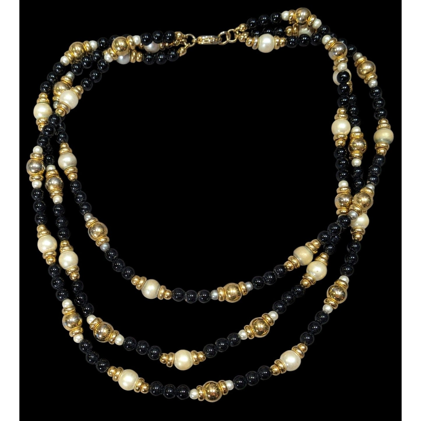 Elegant Glam Black Gold And Silver Tone Layered Beaded Necklace