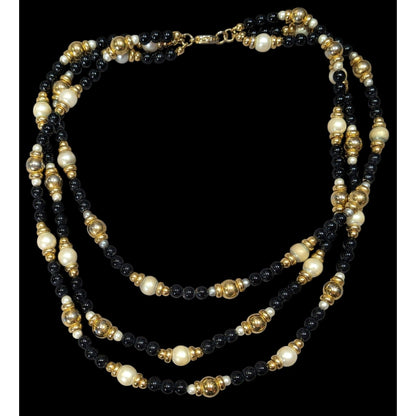Elegant Glam Black Gold And Silver Tone Layered Beaded Necklace
