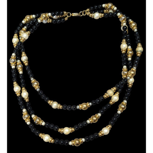Elegant Glam Black Gold And Silver Tone Layered Beaded Necklace