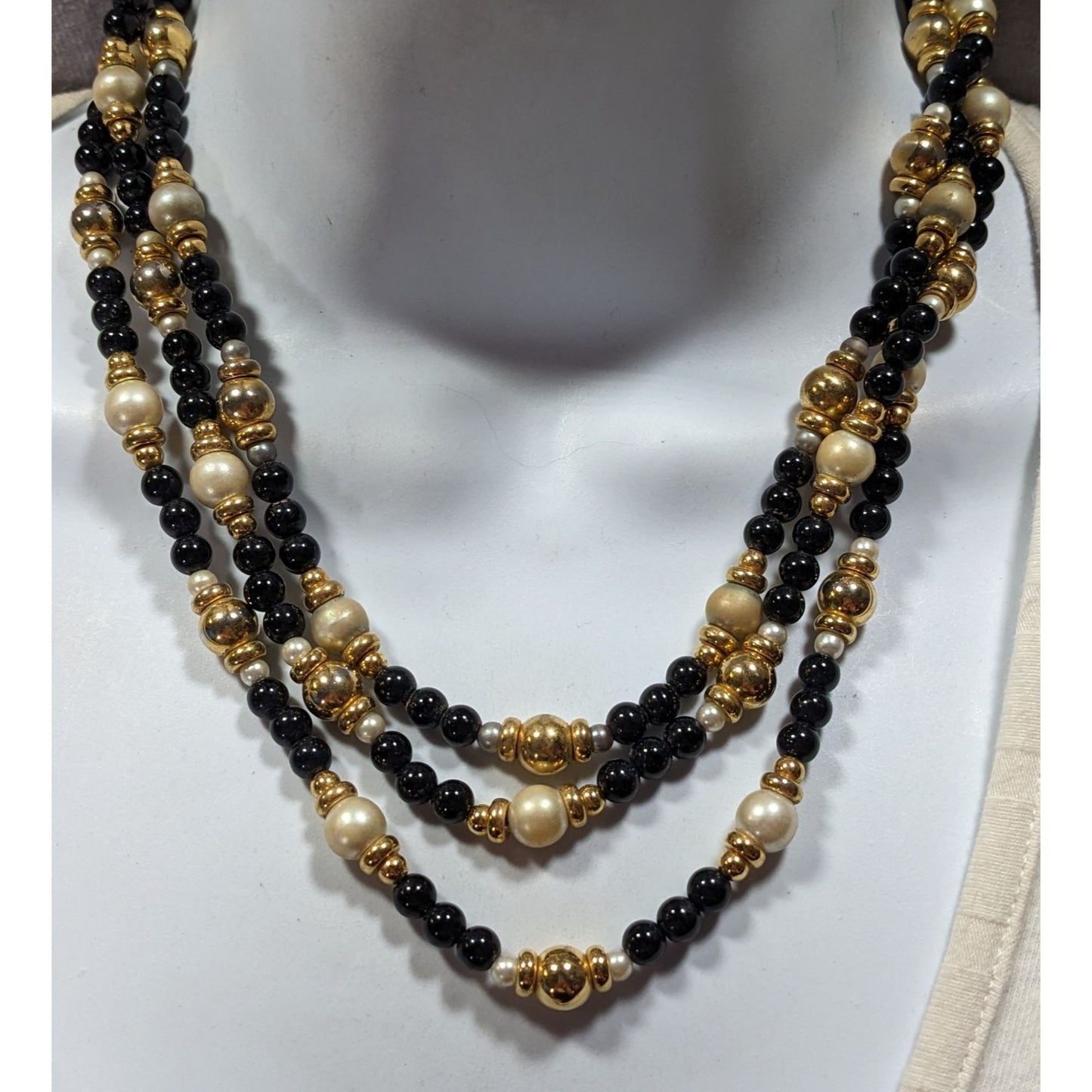 Elegant Glam Black Gold And Silver Tone Layered Beaded Necklace