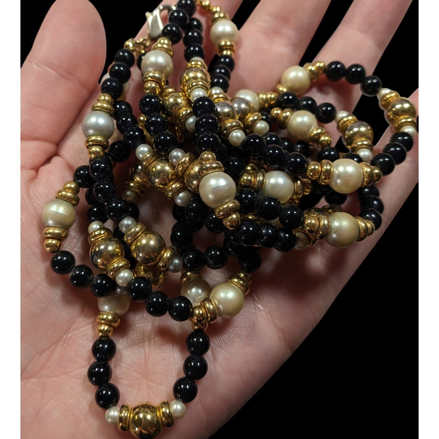 Elegant Glam Black Gold And Silver Tone Layered Beaded Necklace