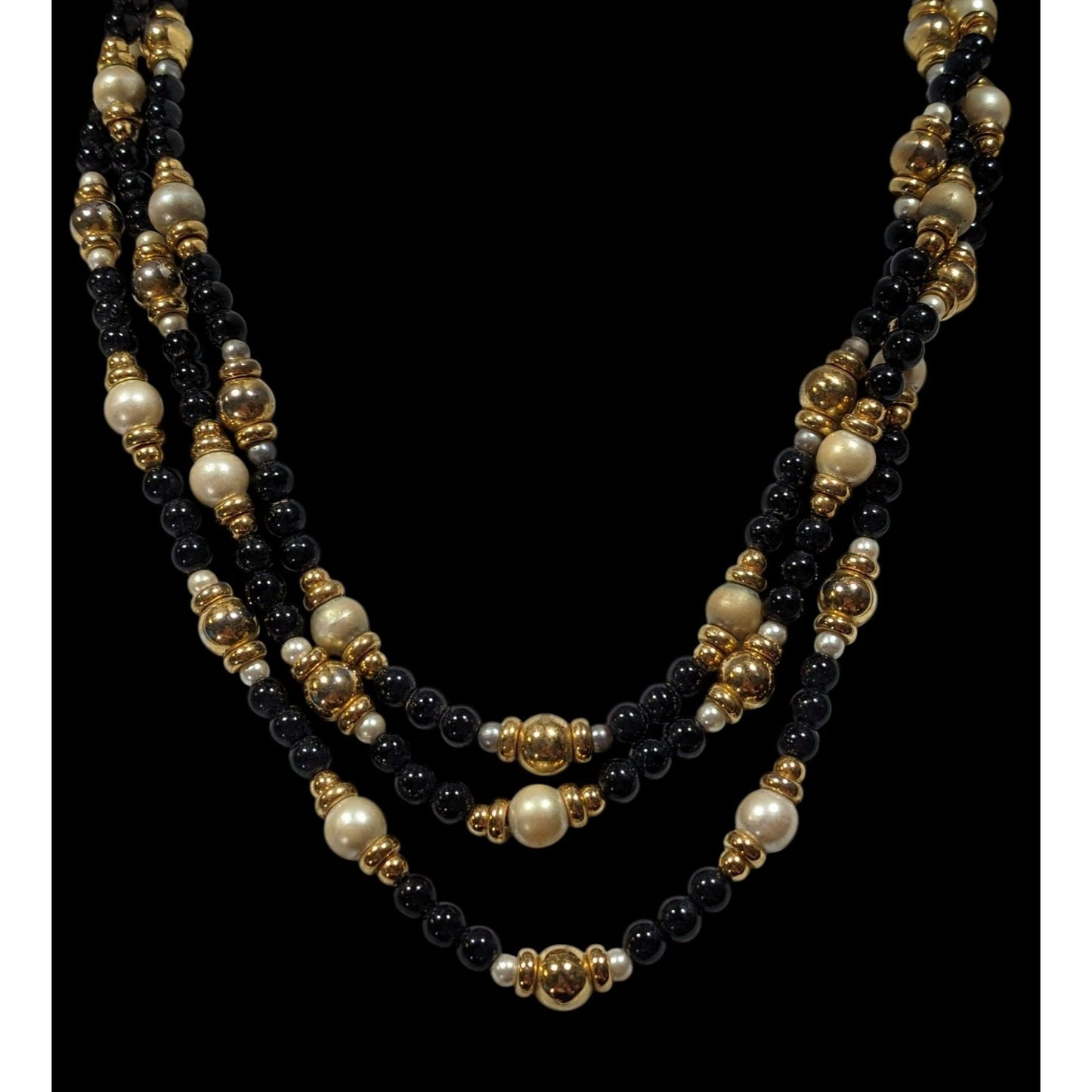 Elegant Glam Black Gold And Silver Tone Layered Beaded Necklace