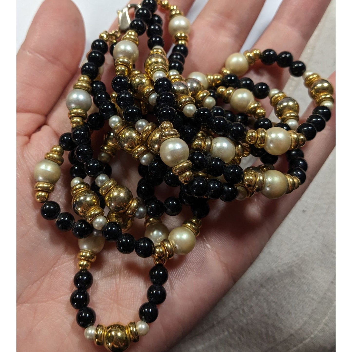 Elegant Glam Black Gold And Silver Tone Layered Beaded Necklace