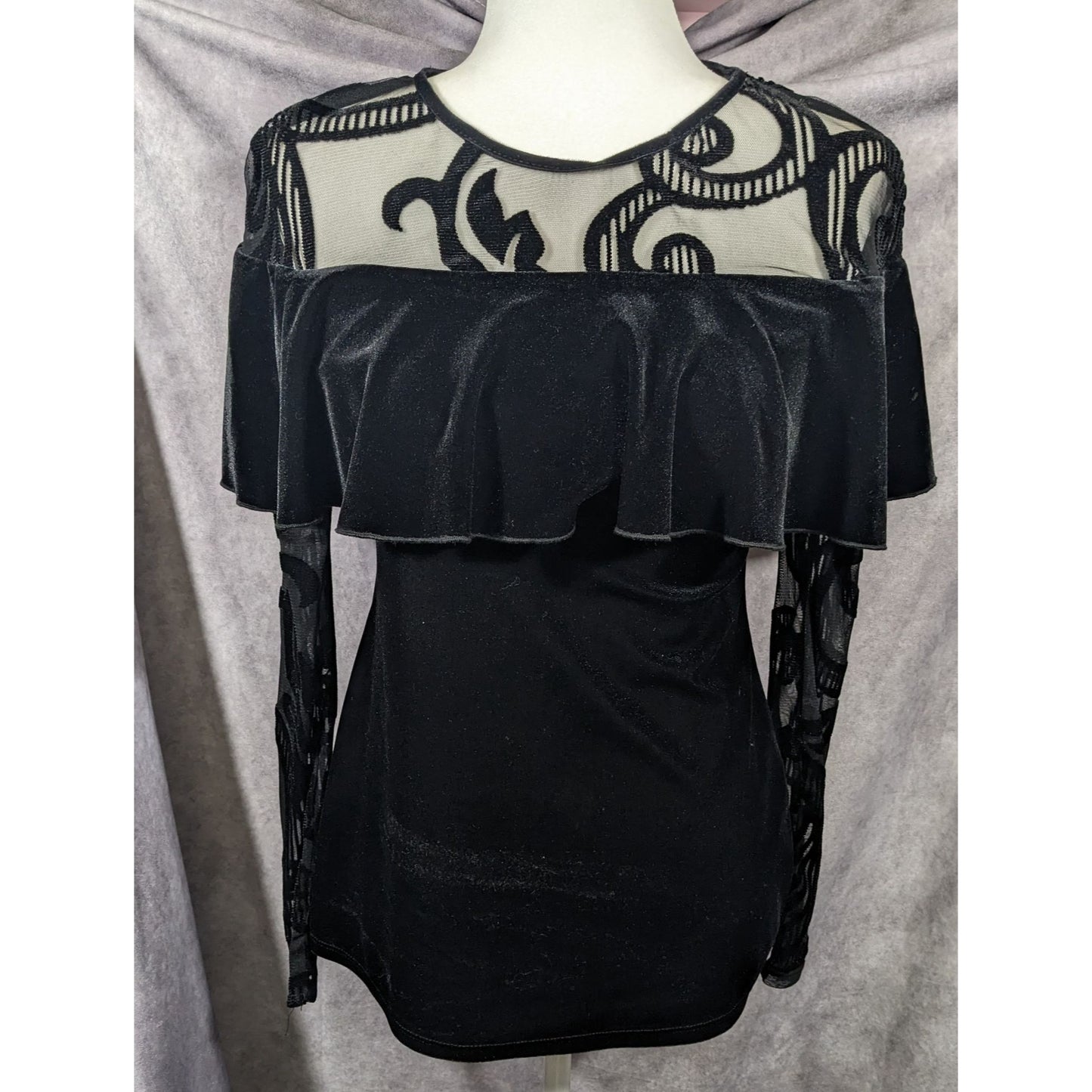 Lyman by Frank Lyman Gothic Burnout Velvet Ruffle Top Size 4