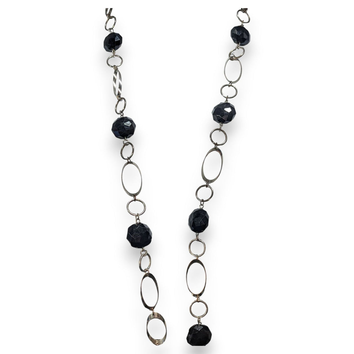 Gothic Modernist Black Faceted Bead Silver Tone Geometric Necklace 32 Inch