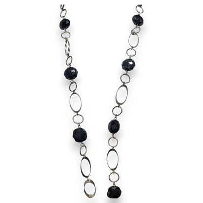Gothic Modernist Black Faceted Bead Silver Tone Geometric Necklace 32 Inch