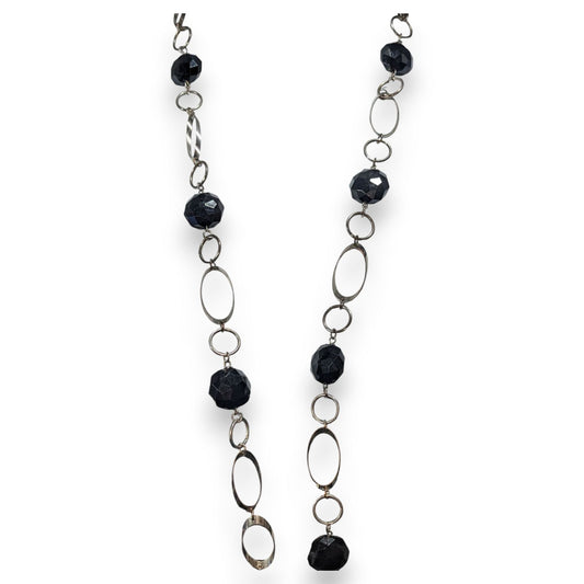 Gothic Modernist Black Faceted Bead Silver Tone Geometric Necklace 32 Inch