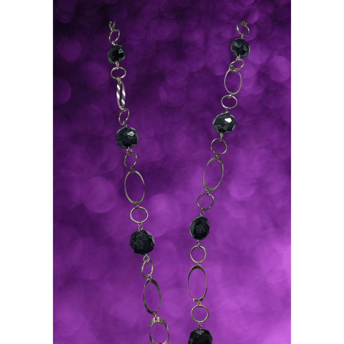 Gothic Modernist Black Faceted Bead Silver Tone Geometric Necklace 32 Inch