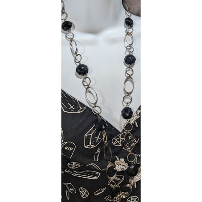 Gothic Modernist Black Faceted Bead Silver Tone Geometric Necklace 32 Inch
