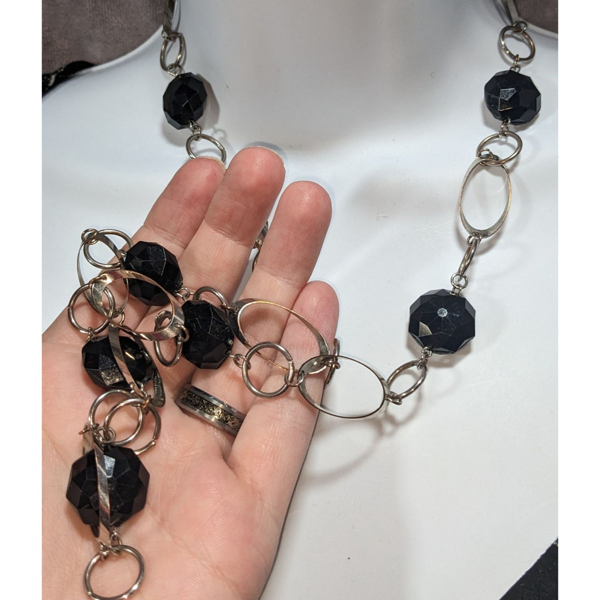 Gothic Modernist Black Faceted Bead Silver Tone Geometric Necklace 32 Inch