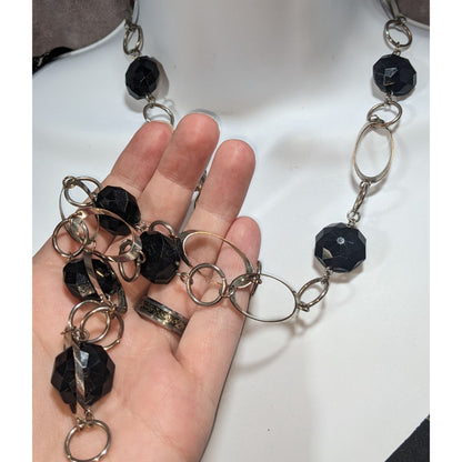 Gothic Modernist Black Faceted Bead Silver Tone Geometric Necklace 32 Inch