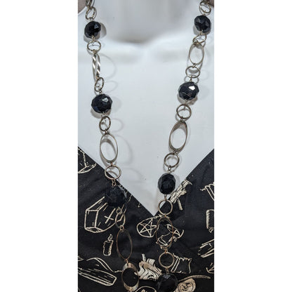 Gothic Modernist Black Faceted Bead Silver Tone Geometric Necklace 32 Inch