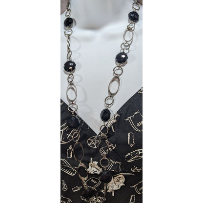 Gothic Modernist Black Faceted Bead Silver Tone Geometric Necklace 32 Inch