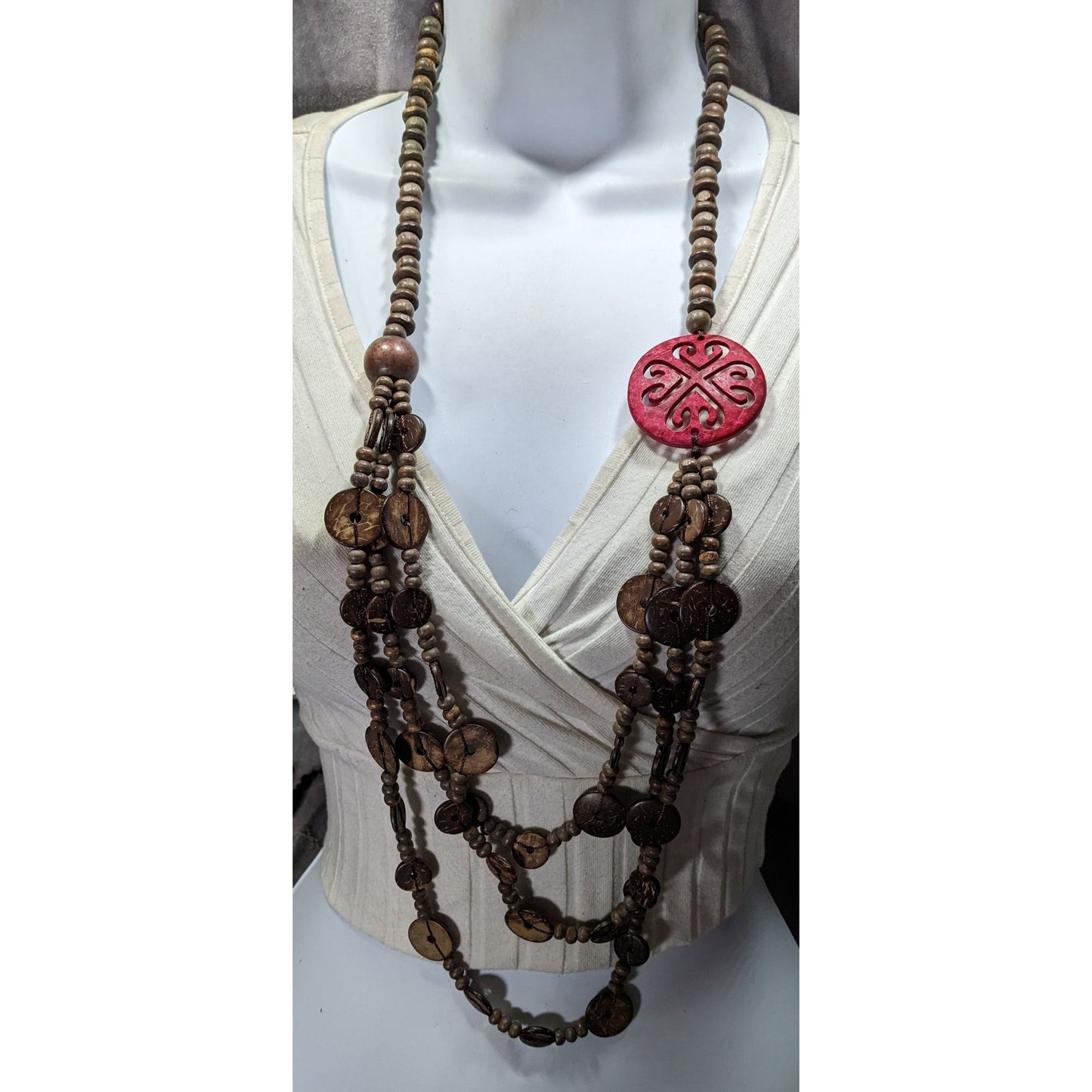 Paparazzi Jungle Jive Boho Multilayer Wooden Beaded Necklace With Red Carved Pendant