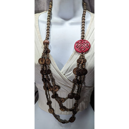Paparazzi Jungle Jive Boho Multilayer Wooden Beaded Necklace With Red Carved Pendant