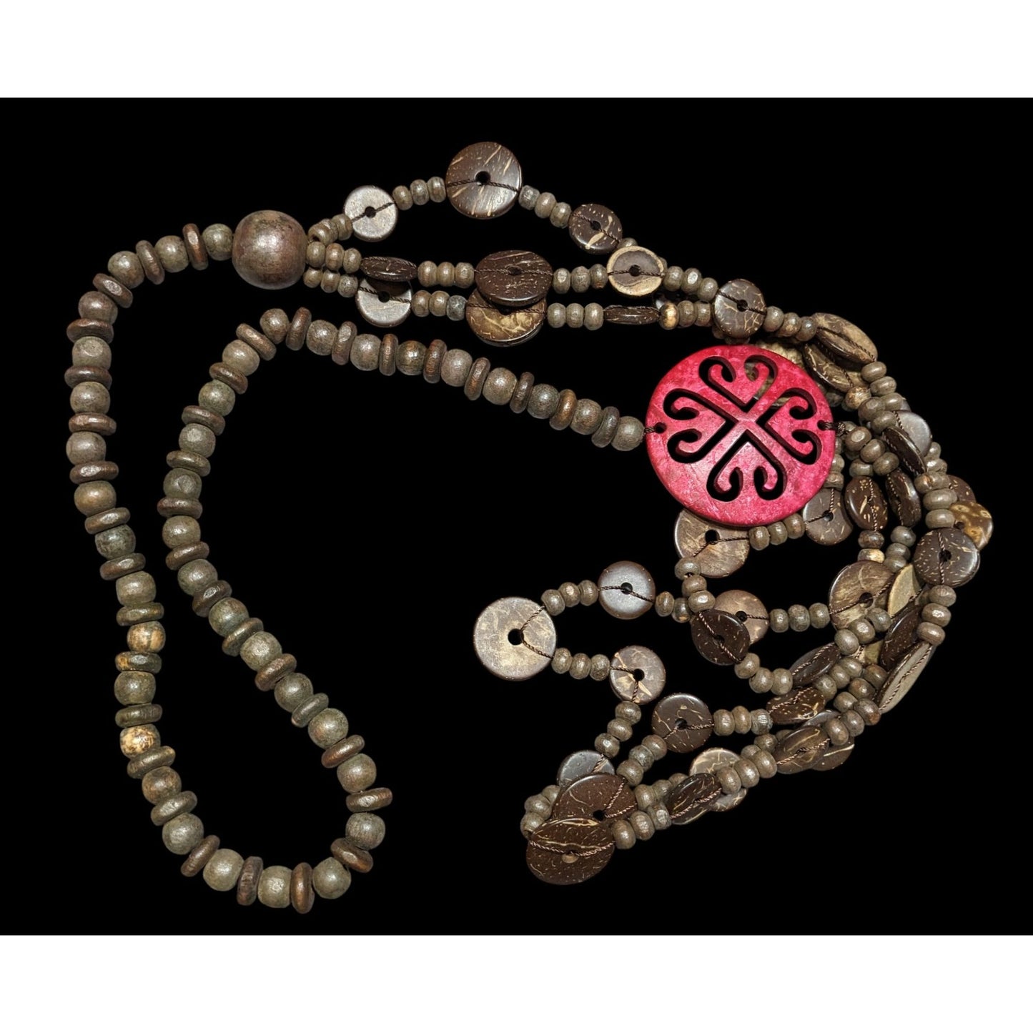 Paparazzi Jungle Jive Boho Multilayer Wooden Beaded Necklace With Red Carved Pendant