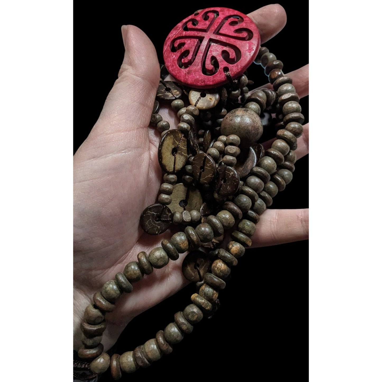 Paparazzi Jungle Jive Boho Multilayer Wooden Beaded Necklace With Red Carved Pendant