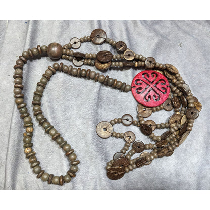 Paparazzi Jungle Jive Boho Multilayer Wooden Beaded Necklace With Red Carved Pendant