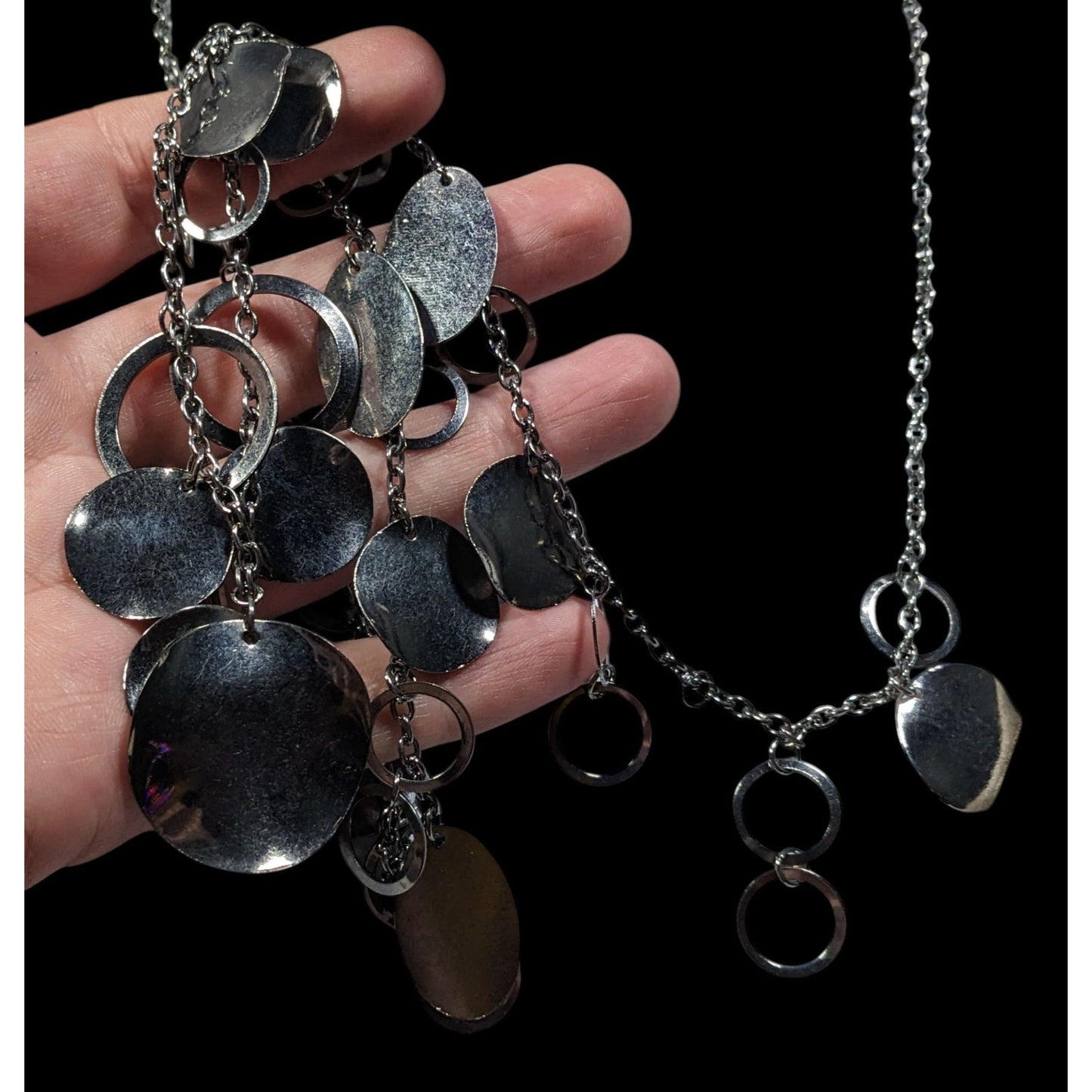 Jingling Disc And Open Circle Charm Silver Tone Necklace