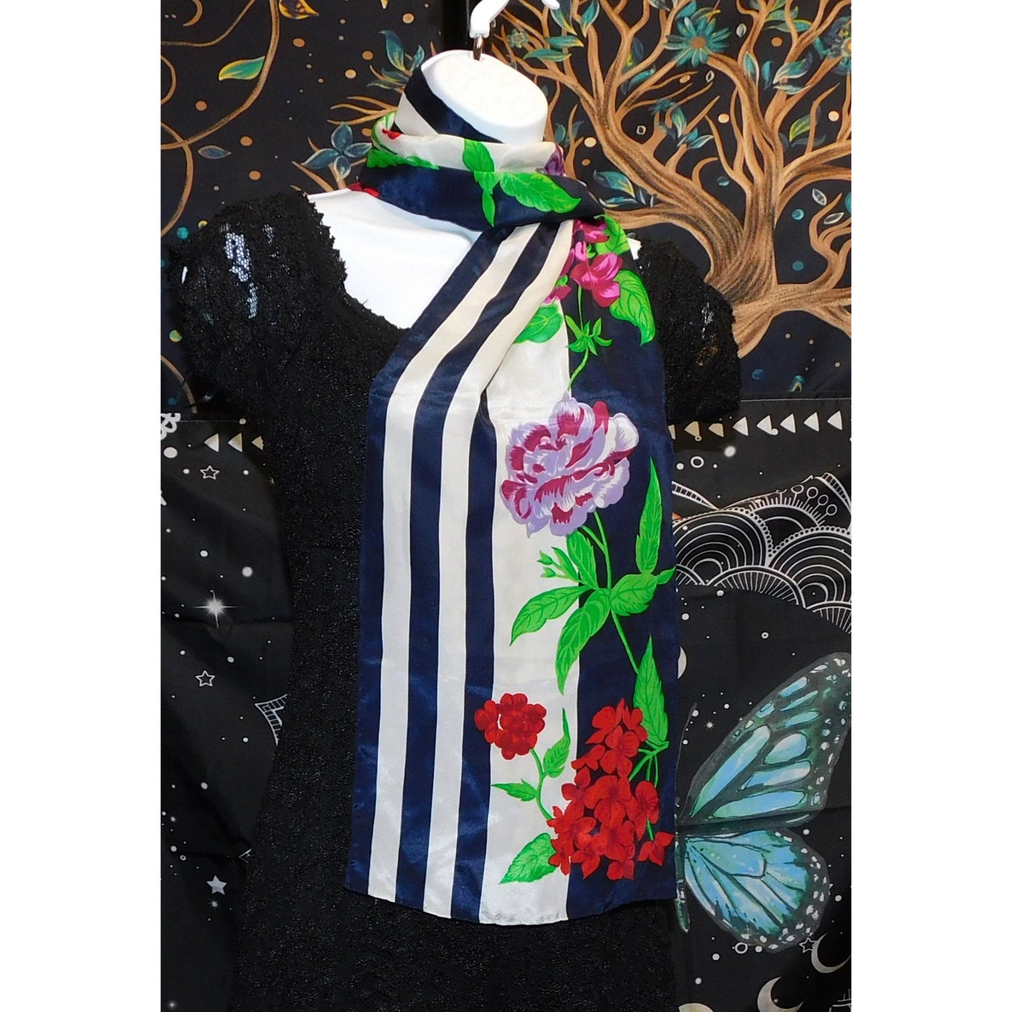 Preppy Floral Striped Satin Scarf With Red & Pink Flowers Navy & White Pattern