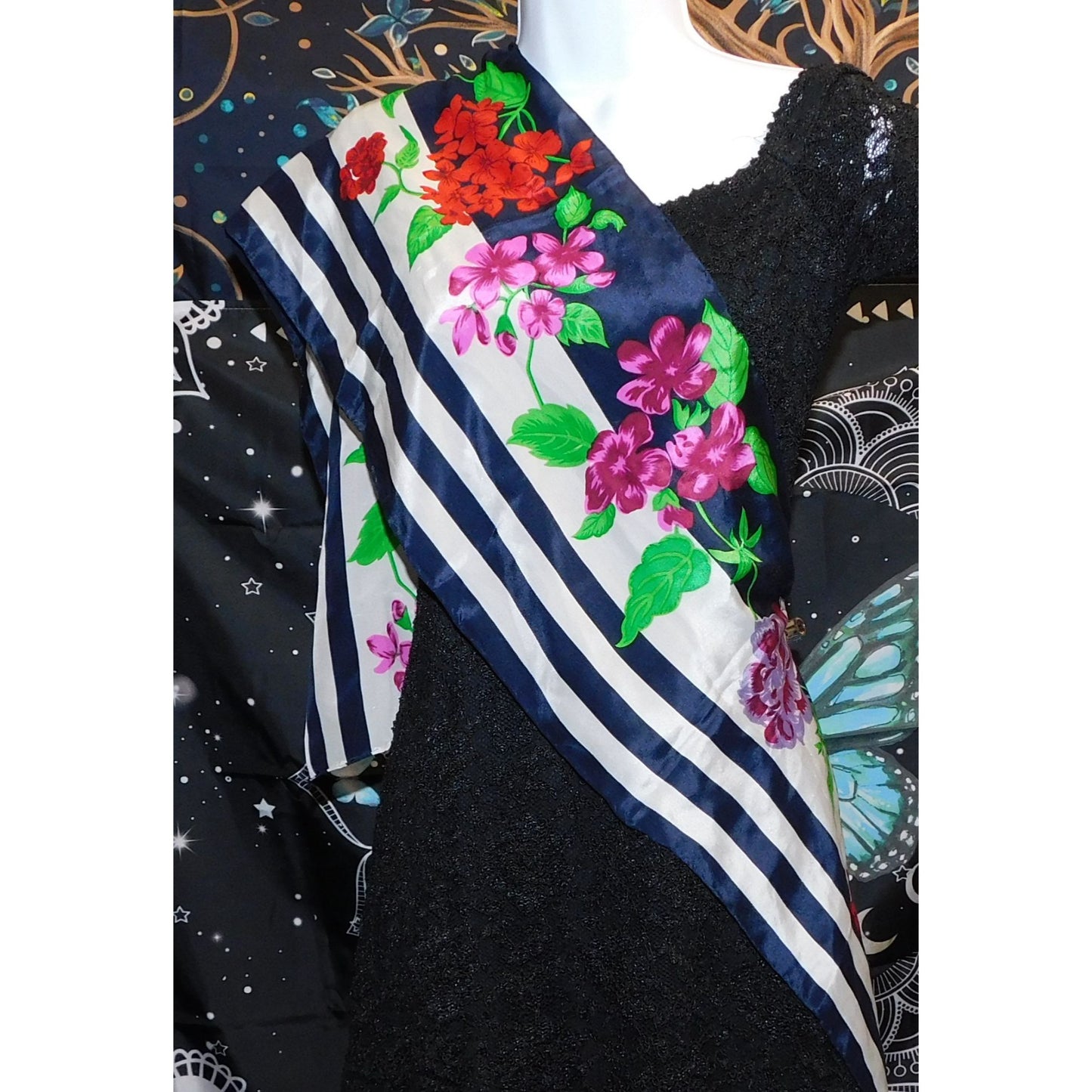 Preppy Floral Striped Satin Scarf With Red & Pink Flowers Navy & White Pattern