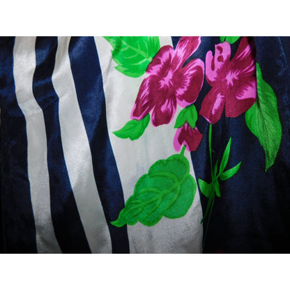 Preppy Floral Striped Satin Scarf With Red & Pink Flowers Navy & White Pattern