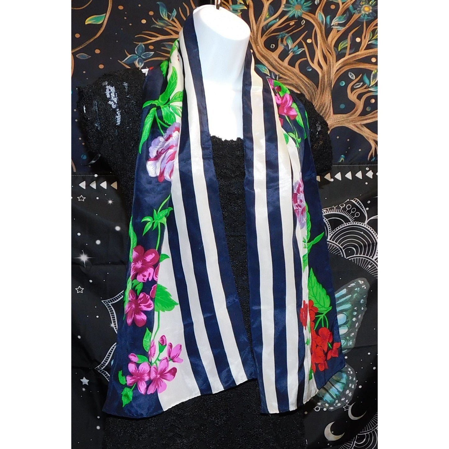 Preppy Floral Striped Satin Scarf With Red & Pink Flowers Navy & White Pattern