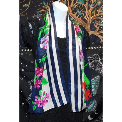 Preppy Floral Striped Satin Scarf With Red & Pink Flowers Navy & White Pattern