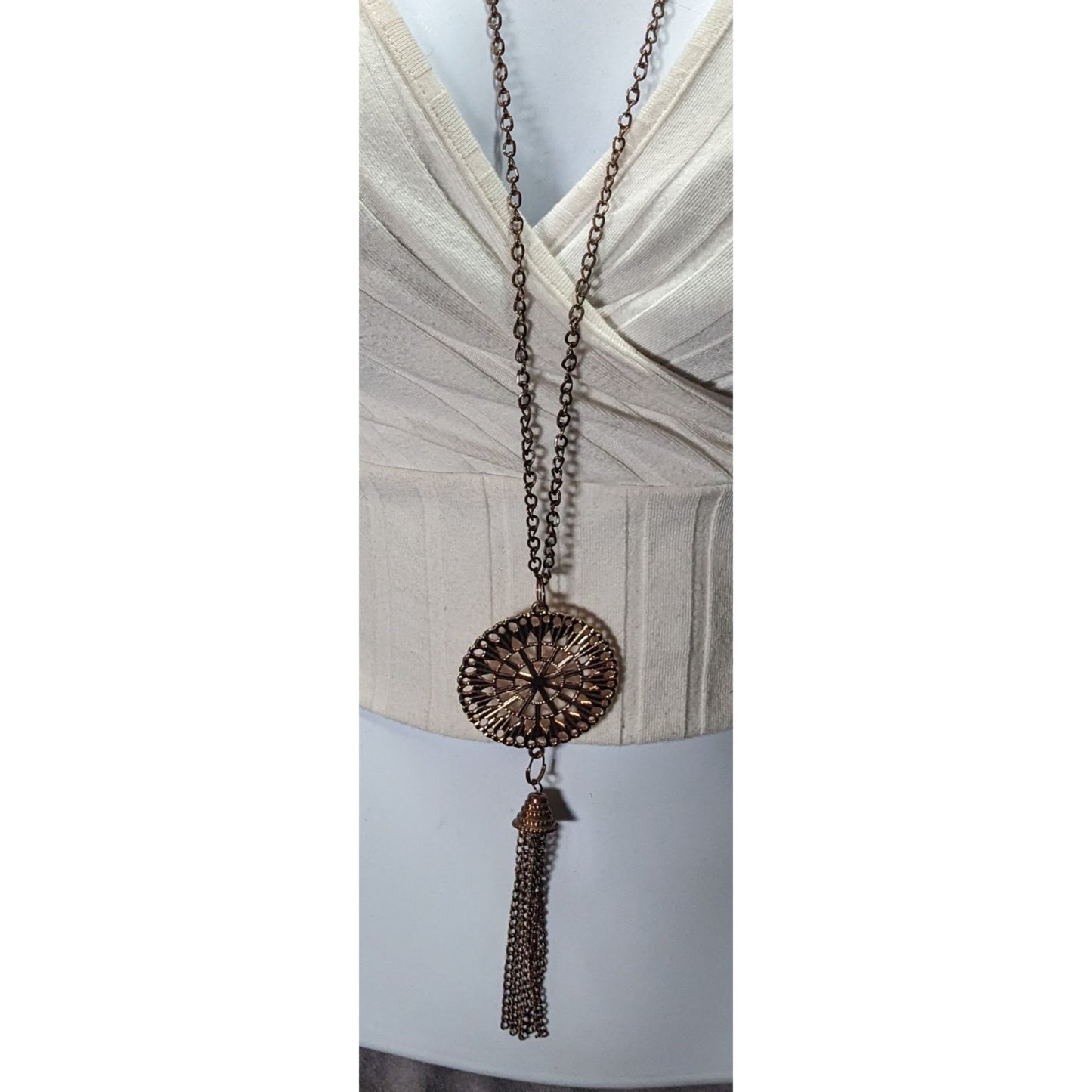 Bohemian Copper Tone Medallion Tassel Necklace