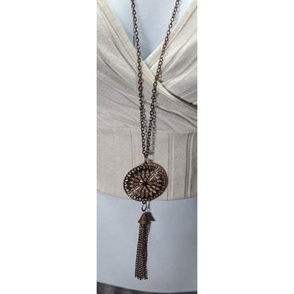Bohemian Copper Tone Medallion Tassel Necklace