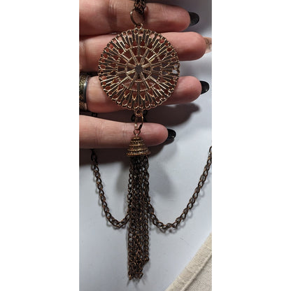 Bohemian Copper Tone Medallion Tassel Necklace