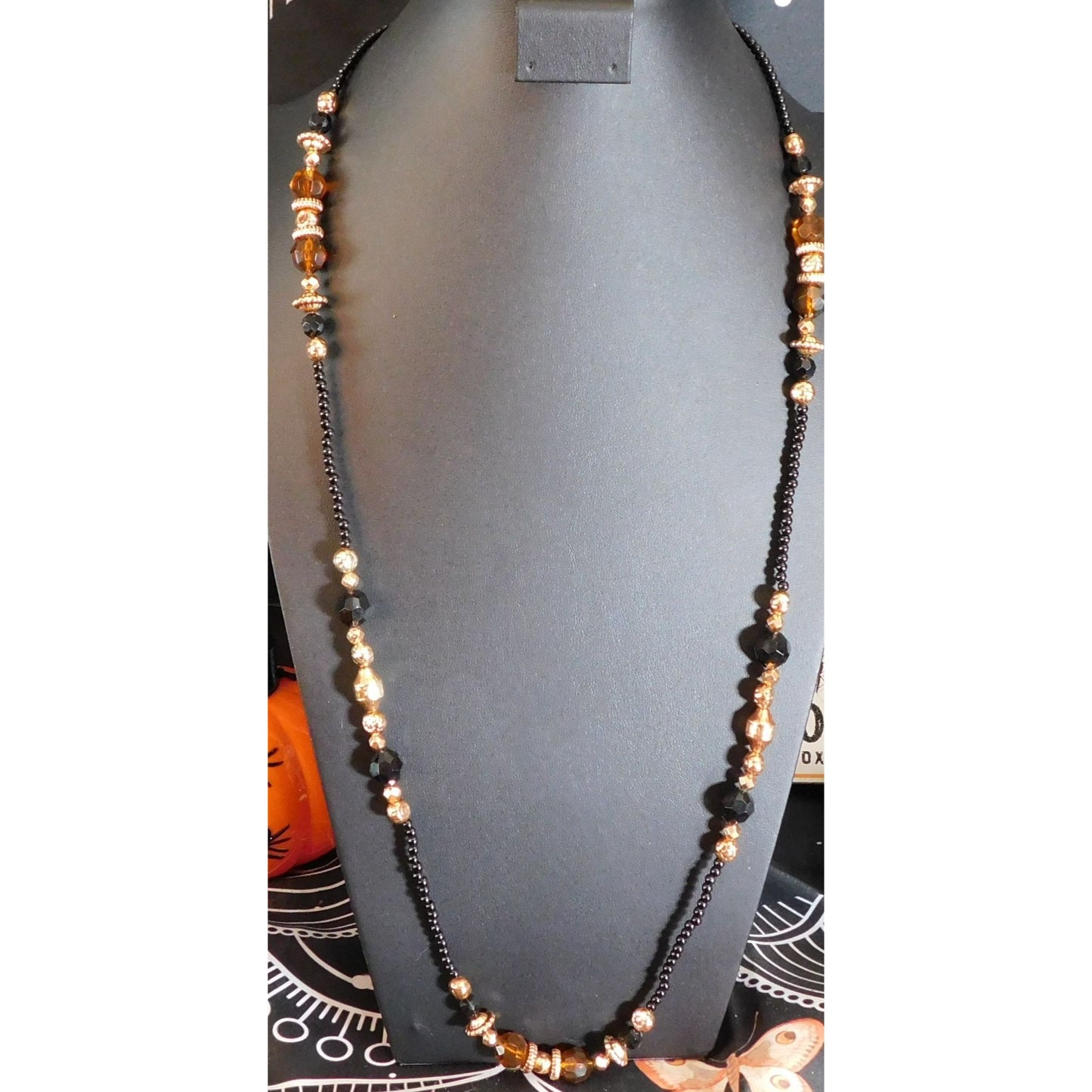 Retro Glam Black And Gold Tone Beaded Opera Necklace
