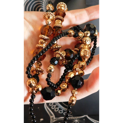 Retro Glam Black And Gold Tone Beaded Opera Necklace