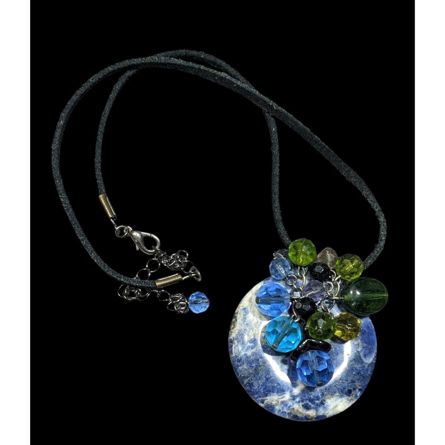 Whimsical Handmade Lapis Lazuli Ring Disc Pendant With Beaded Charm Accents